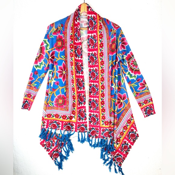 Soho Chick Sweaters - SoHo Chick Open Front Floral Cardigan Fringe Boho